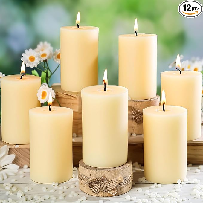 12 Pack Beeswax Pillar Candles,Ivory White Beeswax Candles-360 Hours Long Burning,Unscented Bees Wax Candles for Home,Prayer,Emergency,Dripless Smokeless Organic Pillar Candles 2x3in