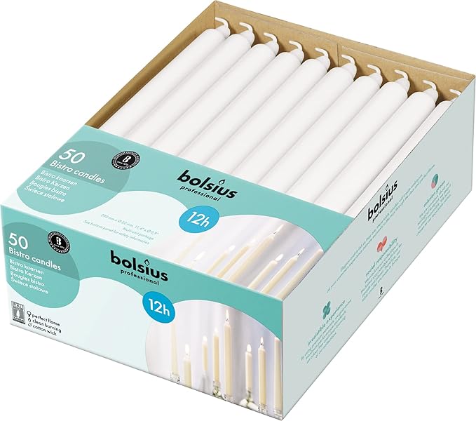 BOLSIUS White Candlesticks Bulk Pack 50 Count - Unscented Dripless 11.5 Inch Household & Dinner Candle Set - 12+ Burn Hours - Premium European Quality - Consistent Smokeless Flame - 100% Cotton Wick