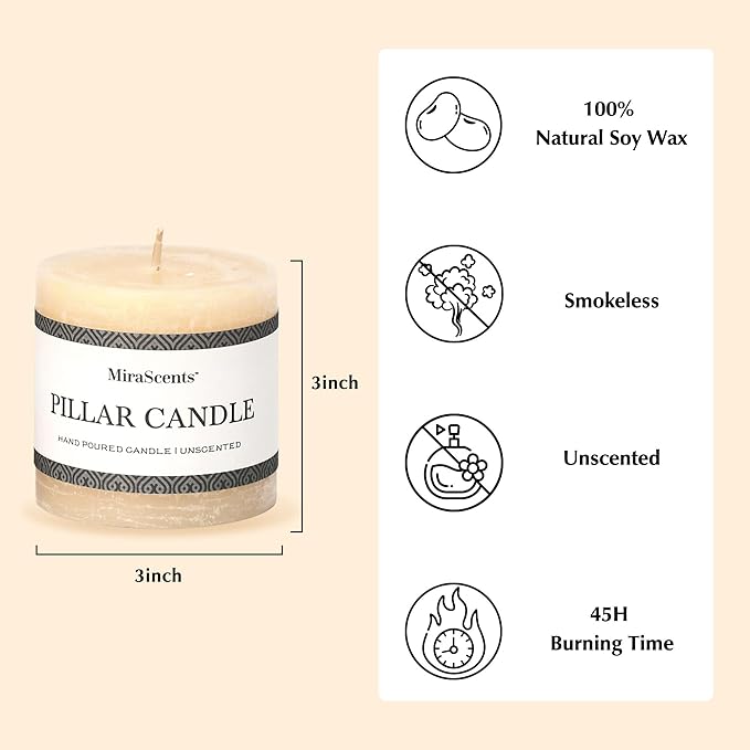 Ivory Pillar Candles - Set of 3, Hand-Poured Unscented, Long Burning, Large, Smokeless Dripless for Dinner Table, Wedding, Home, Bathroom, Rustic Decor