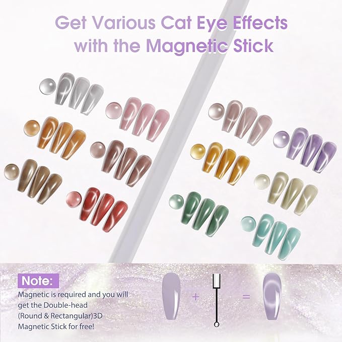 ROSALIND Cat Eye Gel Nail Polish - 12 Colors Jelly Gel Polish Set Translucent Cateye Effect Soak Off UV Set Magic Magnetic Glitter Nail Art Collection with Magnet Stick Manicure Gift for Women