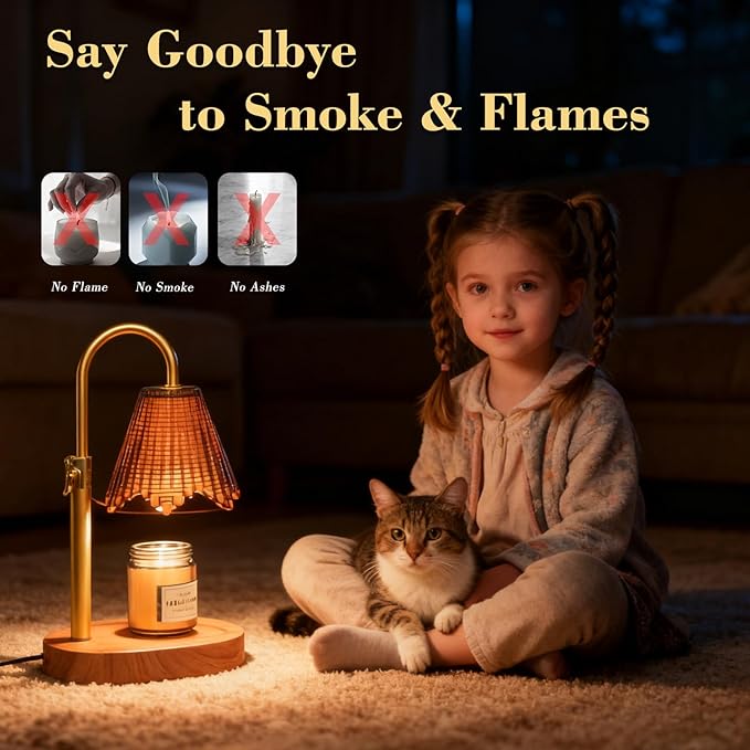 Candle Warmer Lamp with Adjustable Height - Flameless 4-Level Dimmable Wax Warmer with Colorful Glass Shade & Wooden Base, Timer Function & Stylish Design in Multiple Colors (Brown)