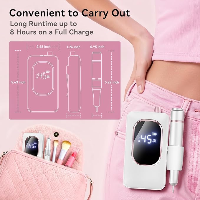 Professional Electric Nail Drill 45000RPM, Portable Nail File for Acrylic Gel Nails, Cordless Rechargeable Salon-Grade Ultra Power Nail Drill Kit for Shaping, Polishing & Removing Gel Nails