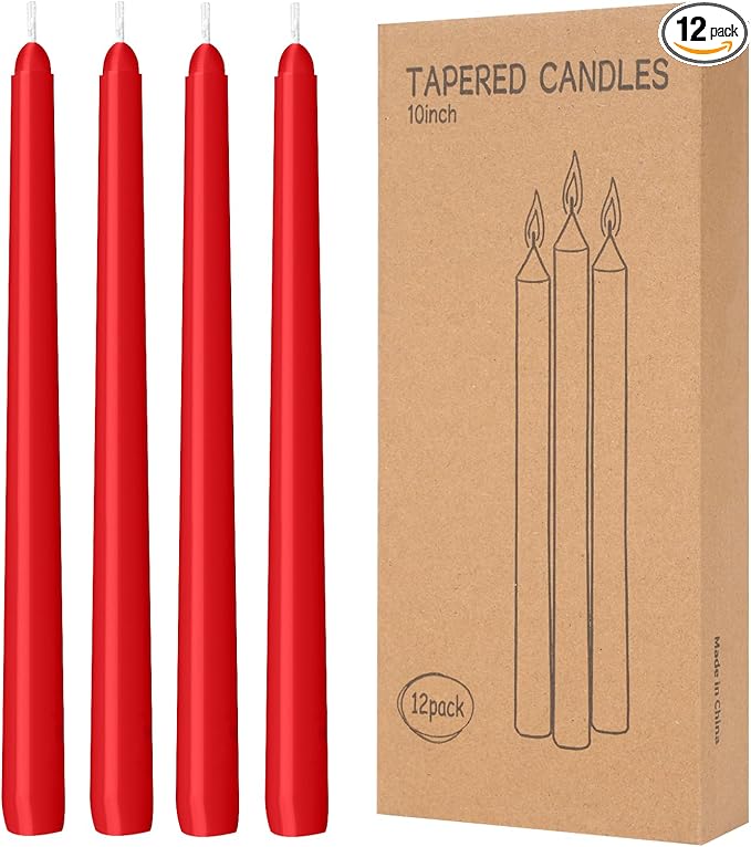 12 Pack Red Taper Candles - Taper Candles 10 Inch Dripless, Smokeless & Unscented - 8 Hours Long Burning - Hand Poured Tall Candlesticks - Ideal for Weddings, Dinner Parties, and Home Decor