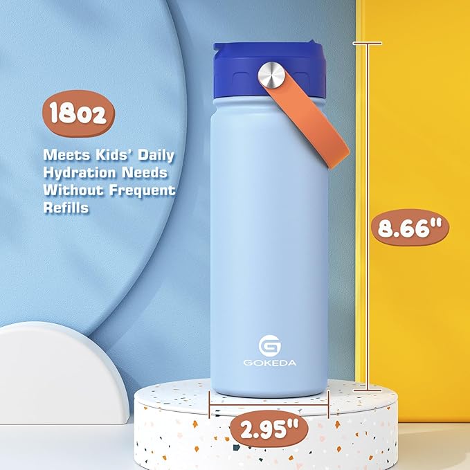 GoKEDA 18oz Kids Water Bottle, Insulated Water Bottles with Stickers, 18/8 Stainless Steel Vacuum Leak Proof Straw Cup for School, Gifts for Boys(Light Blue)