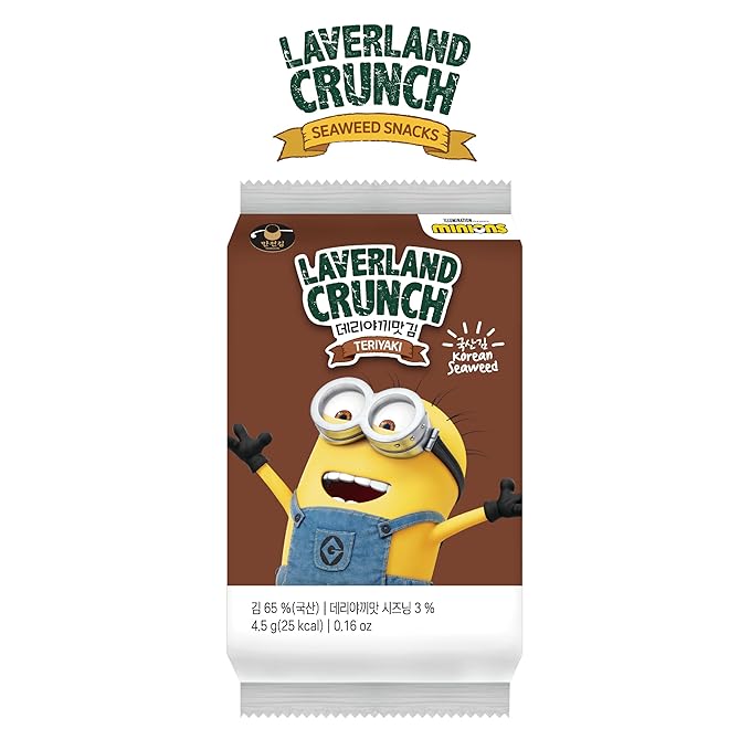 Laverland Crunch Seaweed Snack Teriyaki Flavor 18 Count (2 Packs), Korean Roasted Seaweed, Low Calorie, Vegan and Keto friendly, Gluten Free.