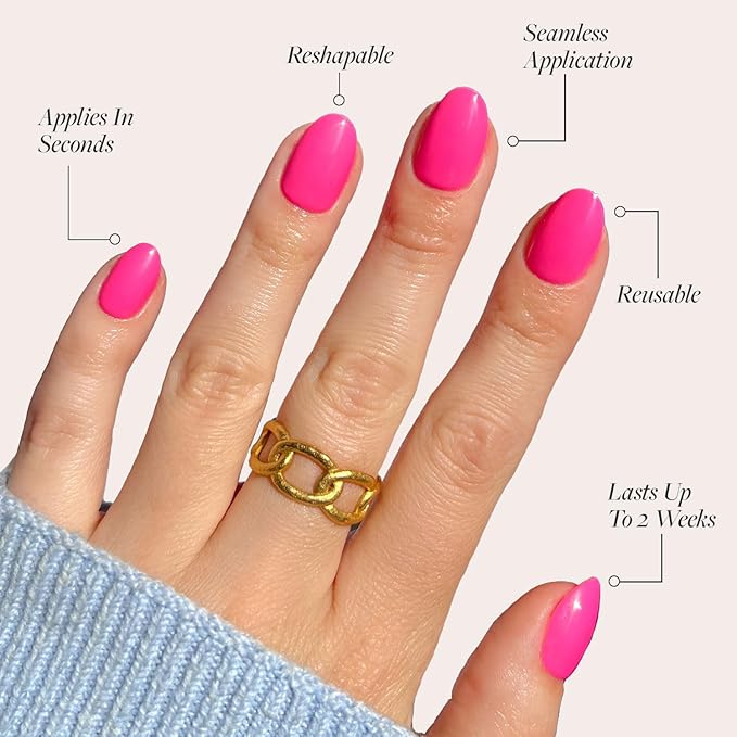 Glamnetic Press On Nails - Hot Pink | Opaque Bright Neon Pink Short Oval Fake Nails, Salon Quality | 15 Sizes - 30 Nail Kit