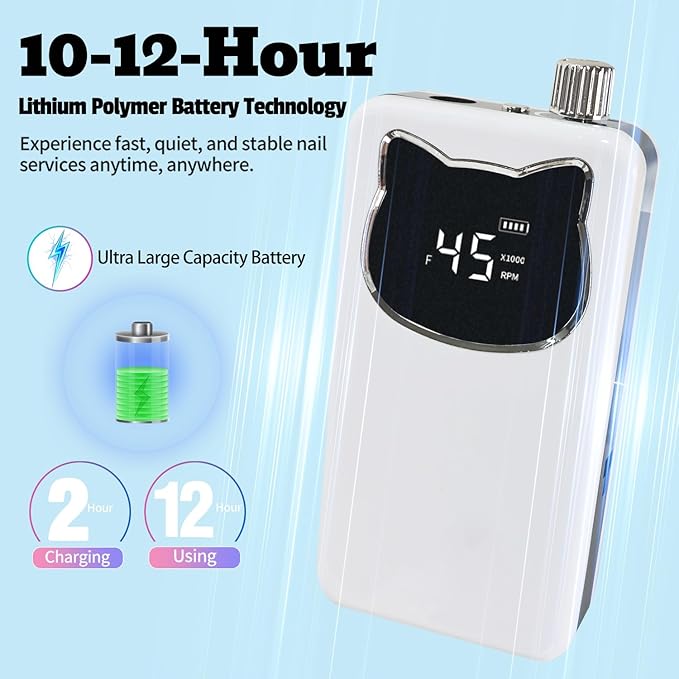 Professional Nail Drill File 45000RPM Electric Portable Nails Drills Kit with Rechargeable 7 uñas Bits Cordless Efile for Poly Gel Acrylic Nails Remover Home Salon Pedicure Manicure Tool (White)