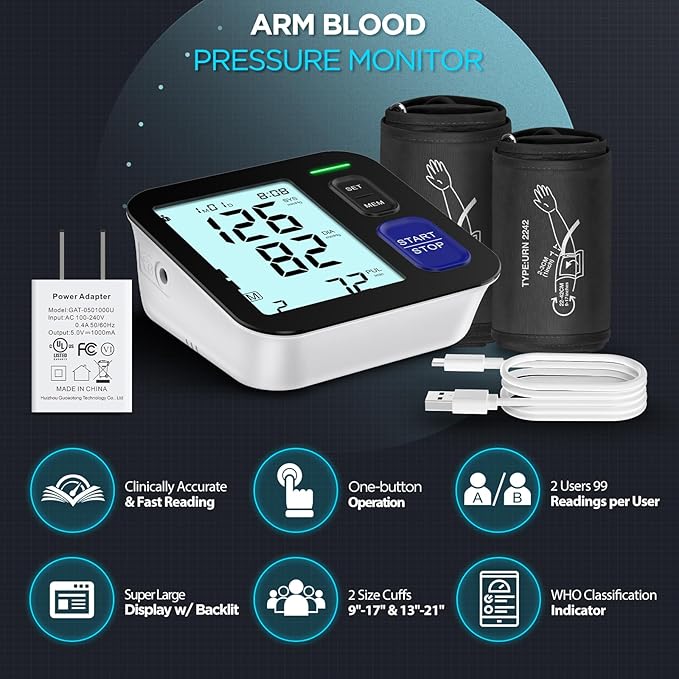 Upper Arm Blood Pressure Machine - 2 Size Cuffs, Medium/Large 9"-17" and Extra Large XL 13"-21" for Big Arms, Accurate Automatic Digital BP Machine for Home Use, Large Backlit Display, 2 Users