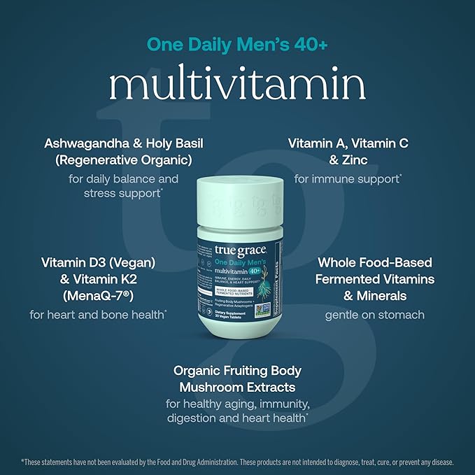 True Grace Men's 40+ One Daily Multivitamin Fermented Minerals, Organic Adaptogens & Mushrooms Whole Body Balance Immune, Endurance, Bone & Heart Support Supplement - Non-GMO - 30 Vegan Tablets