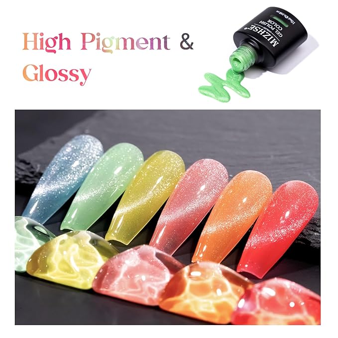 MIZHSE Glow in The Dark Gel Nail Polish, Macaroon Cat Eye Gel Polish Set with Magnet Stick, Shimmery Neon Green Blue Yellow Nail Soak Off Nail Art Spring Summer Manicure Kit Gift