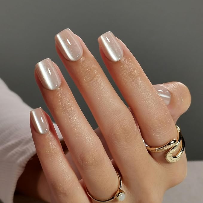 Cat Eye Nude Press on Nails Square - Soft Gel Press on Nails Short for Women Gift, Fit Perfectly & Natural Stick on Nails with Glue in 16 Sizes - 32 Reusable Fake Nails, Light Nude