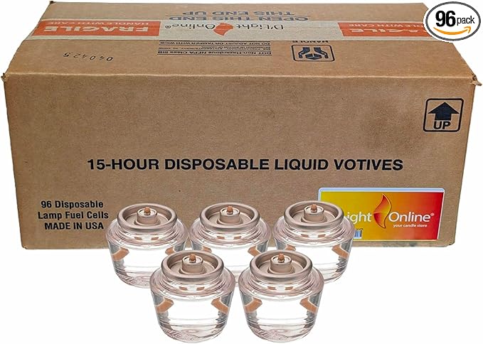 D'light Online Liquid Wax Disposable Clear Plastic Fuel Cells Liquid Votives - Dripless Liquid Candle, Smokeless Clean Burning (15 Hour Clear Fuel Oil Candles, 96 Pack - Easy to Open Packaging)