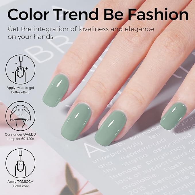 TOMICCA Sage Green Gel Polish, Emerald Olive Green Nail Polish, Soak Off UV Cure Eucalyptus Pastel Gel Polish for Nail Art Manicure Salon DIY