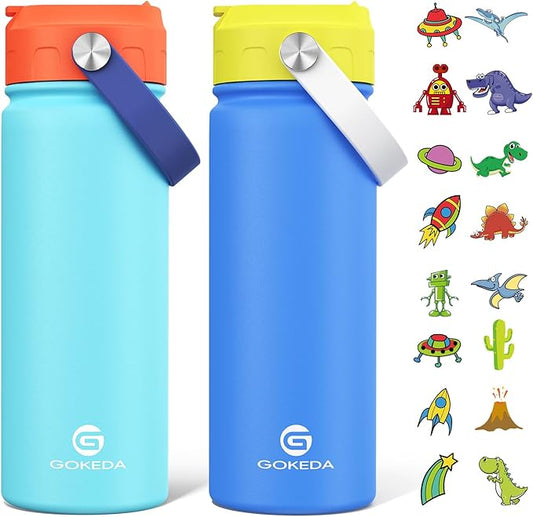 18oz Kids Water Bottle, 2 Pack Insulated Bottles with Stickers, 18/8 Stainless Steel Vacuum Leak Proof Straw Cup for School, Gifts for Boys Girls(Yellowe+Orange)