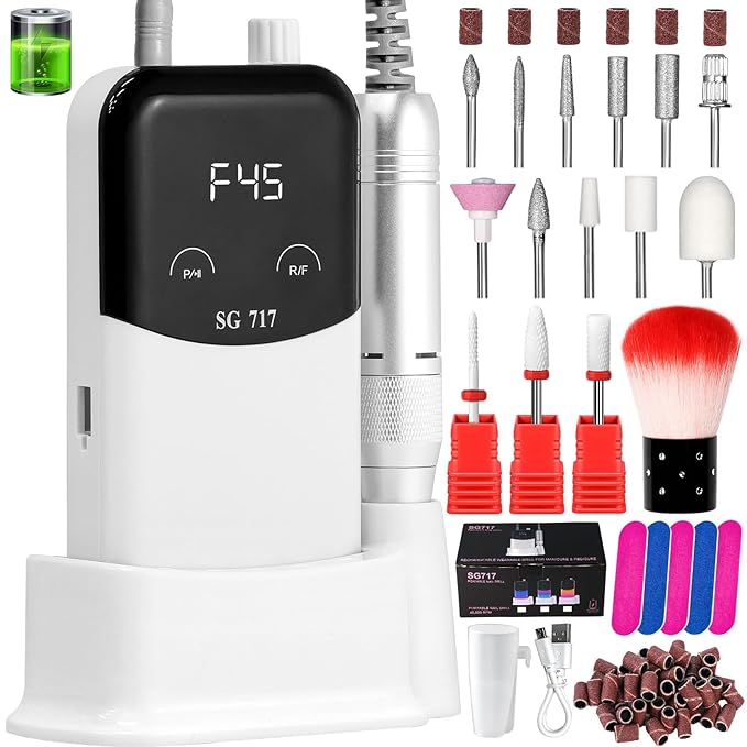 LIMEGIRL Professional Electric Nail File Drill Bits Kit 45000RPM for Acrylic Toenail Machine Clippers with 14 Drill Bit White Portable Rechargeable Cordless