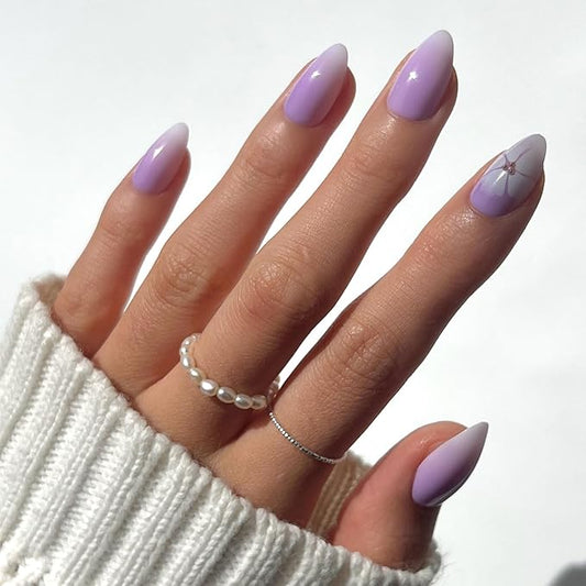 Glamnetic Press On Nails - Lilac Reef | Short Almond Purple Fake Nails with Flower Accents, Salon Quality Summer Nails | 15 Sizes - 30 Nail Kit with Glue