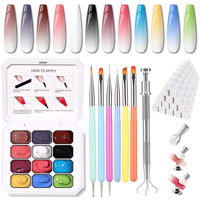 Sponge Pat Gel Nail Polish Palette, 12 Colors Blending Ombre Gel Polish Gradient Painting Nails Art, No Wipe, UV/LED Cured,100Sponges 6Brushes 1Grabber (Set 04)