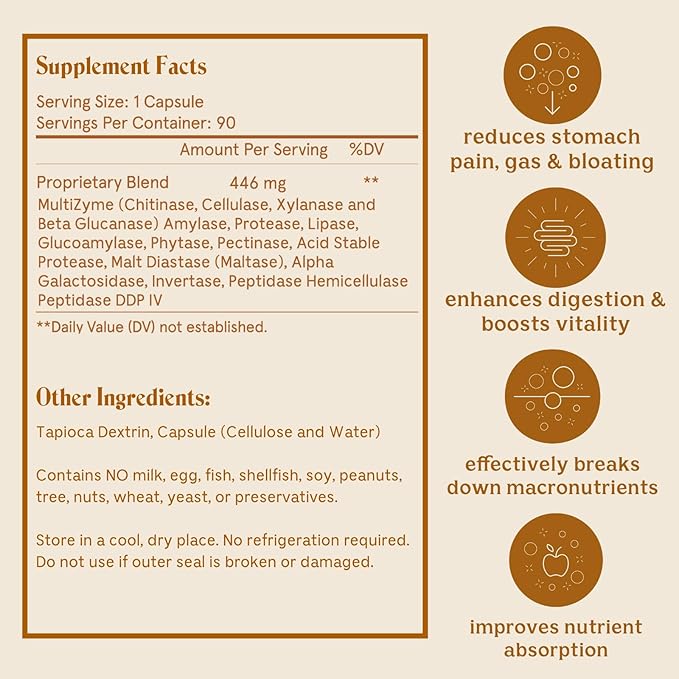 Solluna by Kimberly Snyder Digestive Enzymes Lipase, Amylase, Protease, Alpha-Galactosidase, Cellulase for Digestive Health, Nutrient Absorption, Stomach Pain, Gas & Bloating (90CT) Vegan & Non-GMO