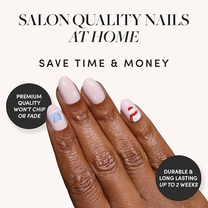 Glamnetic Press On Nails - Cocoa & Kisses | Short Oval Fake Nails in Natural Nude Base with Festive Winter Graphics in a Glossy Finish, Salon Quality Holiday Nails | 15 Sizes - 30 Nail Kit with Glue