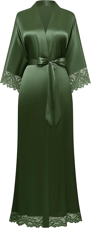 BABEYOND Satin Kimono Robe Silky Long Bridesmaid Wedding Lightweight Bath Robe with Lace Trim