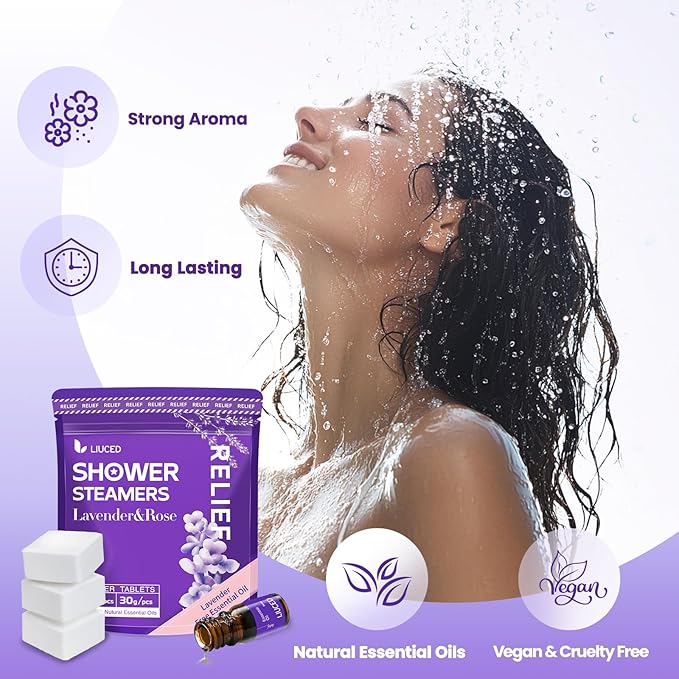 Shower Steamers Aromatherapy - 14 Pack Lavender & Rose Shower Bombs and 5ml Natural Lavender Essential Oils, Christmas Gifts for Women, Self Care Stress Relief Gifts for Mom Wife Her