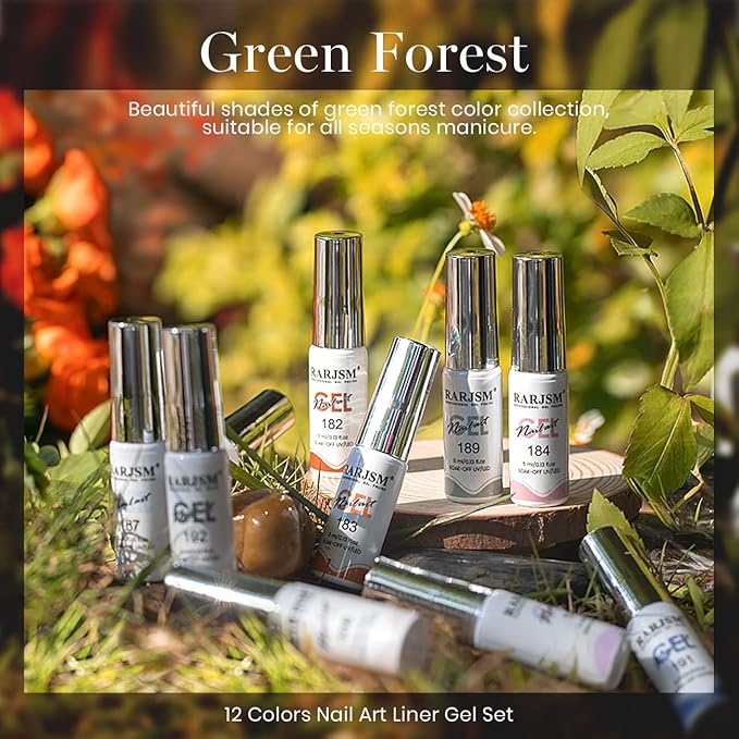 RARJSM Nail Art Gel Liner 12 Colors Collection Sage Green Dusty Pink Navy Blue Orange Painted Gel Nail Polish Set 5ml UV LED Cured Nail Design Thin Striper Brush for Home Salon Mani Diy Summer