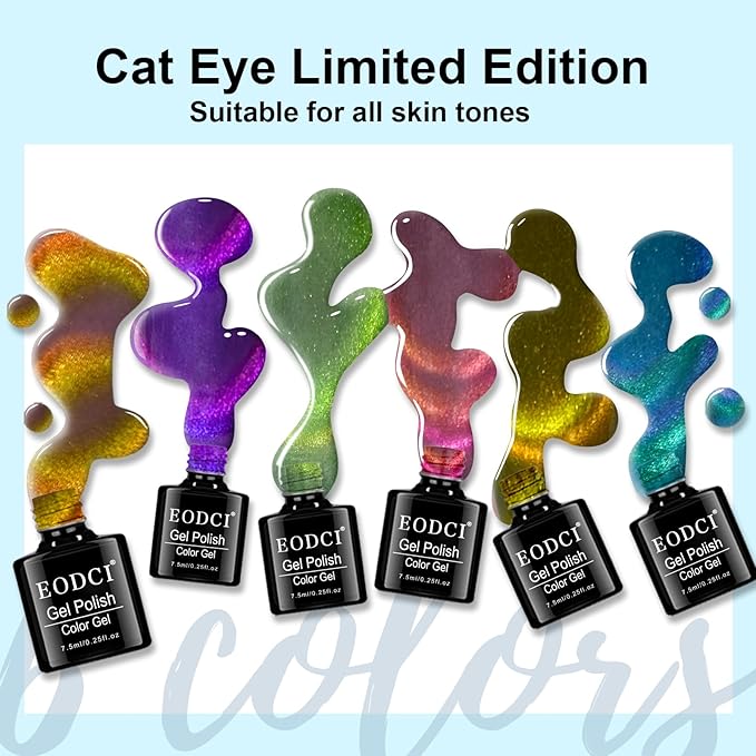 6 Colors Two-tone Cat Eye Nail Polish, Upgraded Magnetic Gel Polish Kit with Magnet Stick, Galaxy Chameleon Effect Silky Cat Eye Nail Gel Soak Off Nail Art Salon Manicure Home Ladies Gift