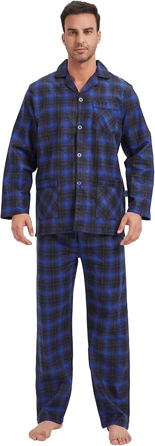 GLOBAL Men's Pajamas Sets 100% Cotton Flannel Sleepwear Long-Sleeve top & Bottom