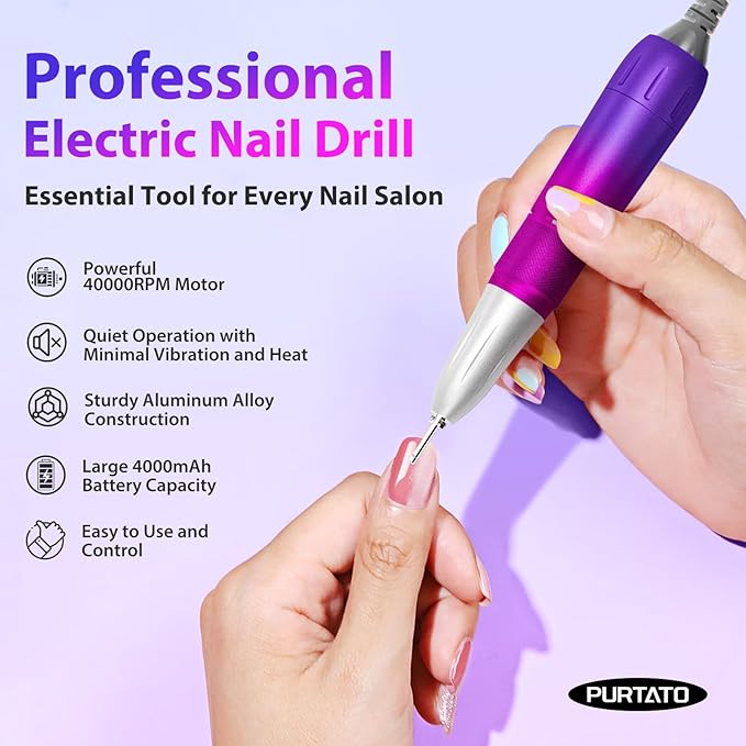Professional Nail Drill 40,000 RPM, Rechargeable,LCD Display E File Machine for Acrylic Nails Gel Polishing Removing Portable Nails Efile Tools for Manicure Salon & Home (Blue&Purple)