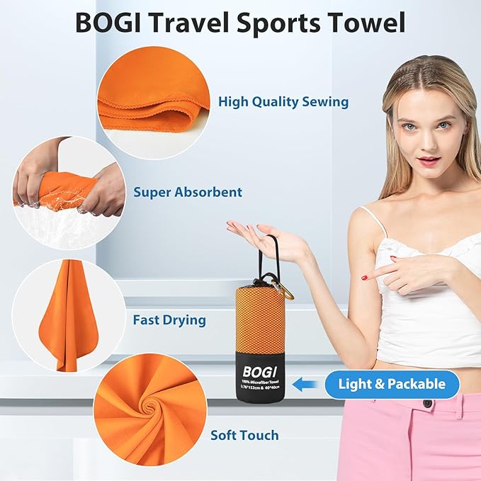 BOGI Microfiber Travel Sports Towel-Quick Dry Towel,Soft Lightweight Microfiber Camping Towel Absorbent Compact Travel Towel for Camping Gym Beach Bath Yoga Swimming Backpacking (M:40''x20''-Orange)
