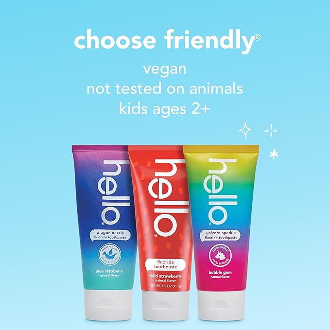 hello Kids Fluoride Toothpaste Variety Pack, Includes a Strawberry, Unicorn Bubble Gum, and Blue Raspberry Toothpaste, Safe for Ages 2 and Up, 3 Pack, 4.2 Oz Each