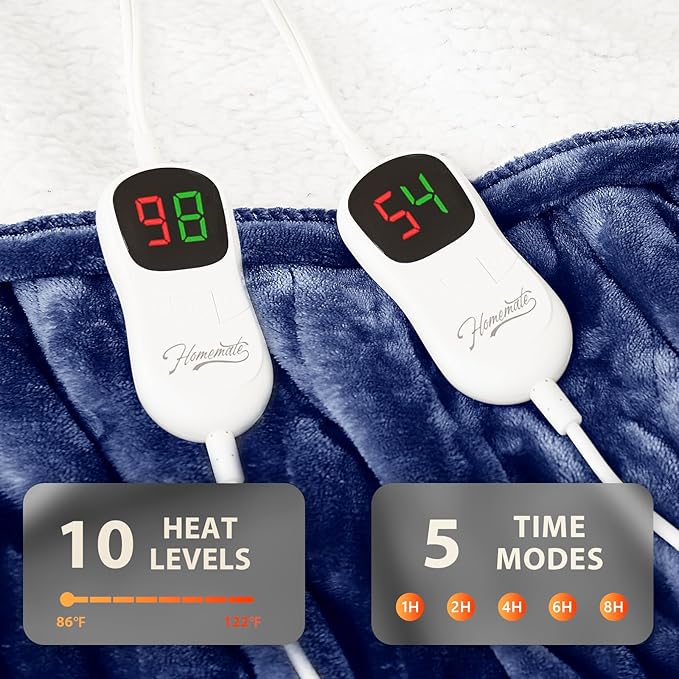 Homemate Electric Heated Blanket Queen - 84"x90" Heating Bed Blankets Throw with 10 Heating Levels 8 Hours Auto Off Fast Heating Over-Heated Protection Ultra Soft Warm Flannel ETL Certified Navy Blue