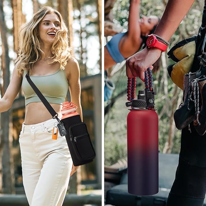 40 OZ Insulated Water Bottles with Straw Lid, Stainless Steel Water Bottle for Men Women, Wide Mouth Water Flask Sports with Shoulder Carrier Bag, Paracord Handle, Straw & Spout Lids