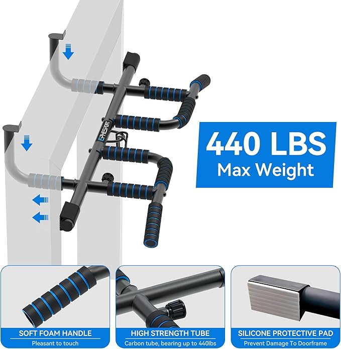 EPHESPORT New Version Pull Up Bar with Resistance Bands, No Screwing Pullup Bar for Doorway, Chin Ups Strength Training Equipment, Ergonomic Grip, USA Original Patent Design, 440 Lbs Capacity