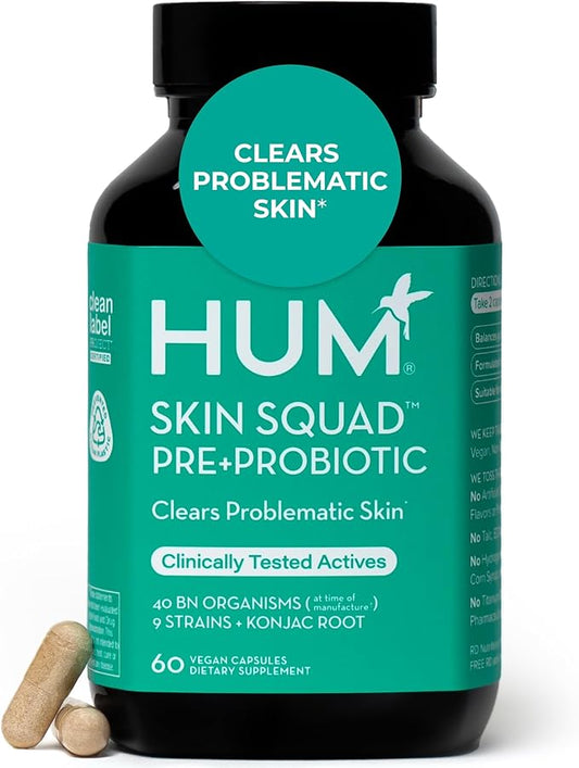 HUM Skin Squad Probiotics for Women and Men, Skin Care Supplement for Clear Complexion & Gut Health Support, Microbiome Prebiotic & Probiotic Supplement for Breakouts, Digestive Health, 60 Capsules