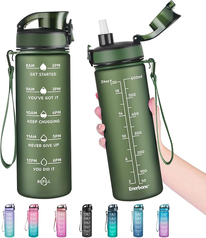 Enerbone Water Bottle, Leakproof BPA & Toxic Free, Motivational Water Bottle with Times to Drink and Straw, Fitness Sports Water Bottle with Strap for Office, Gym, Outdoor Sports