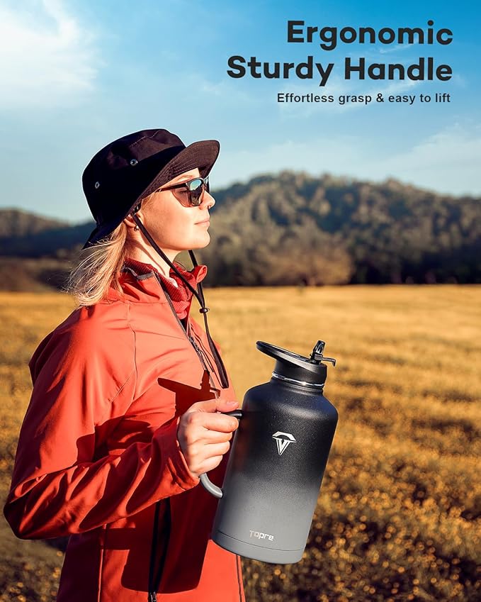 64 oz Insulated Water Bottle with Straw and Lid, Half Gallon Stainless Steel Cup with Handle,Leakproof Metal Travel Jug Flask Mug Tumbler Cup With Carry Pouch and Brush,Keep Cold & Hot,Grey