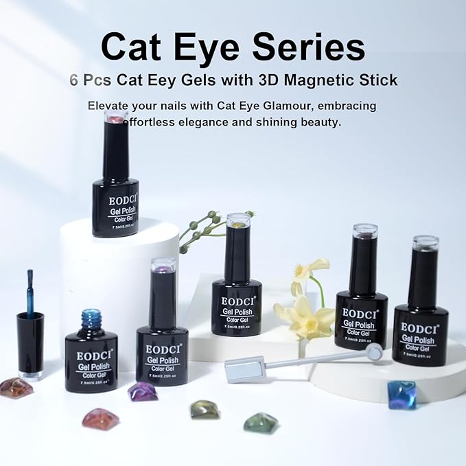 6 Colors Two-tone Cat Eye Nail Polish, Upgraded Magnetic Gel Polish Kit with Magnet Stick, Galaxy Chameleon Effect Silky Cat Eye Nail Gel Soak Off Nail Art Salon Manicure Home Ladies Gift