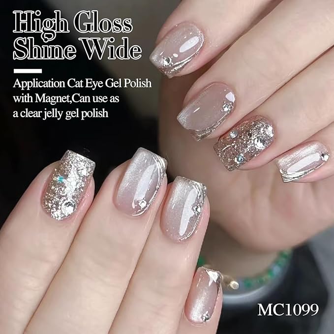 Double Rhythm Jelly Glass Cat Eye Gel Polish with Magnet 15ML Holographic Glitter Shimmer Translucent Sheer Color Magnetic Nail Polish Salon DIY at Home (Jelly Silver-MC1099)