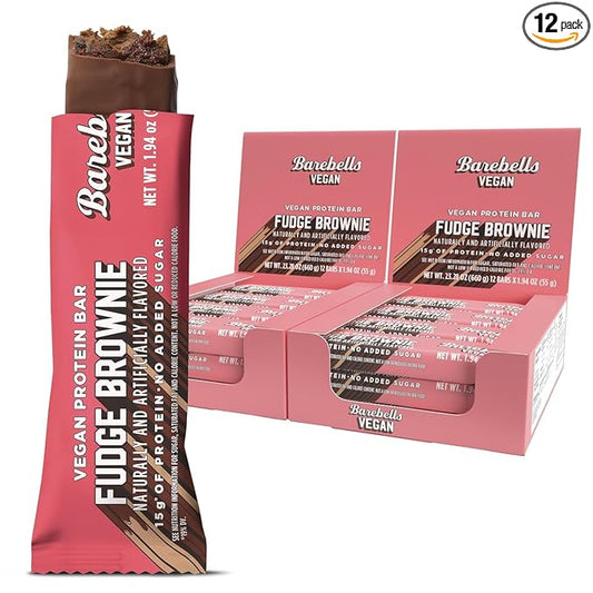 Barebells Plant Based Protein Bars, Fudge Brownie – 24 bars (2 Packs of 12) - 15g of Plant-Based High Protein Treats – Vegan Chocolate Nutrition Bar with 1g Total Sugar - On The Go Breakfast or Post-Workout Snack