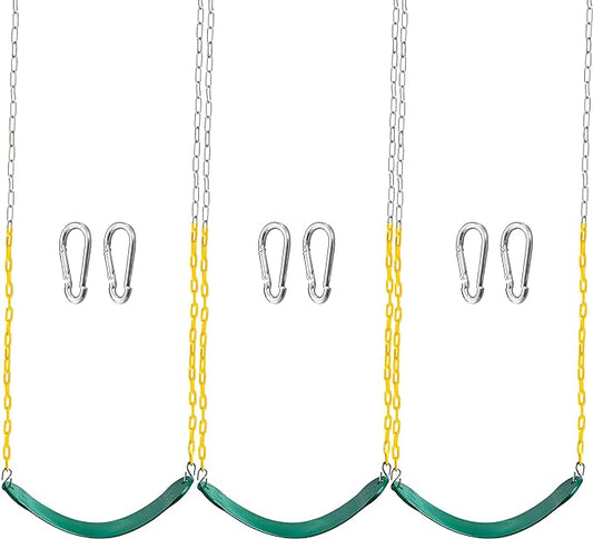 TURFEE 3 Pack Green Swing Seats Heavy Duty with 66" Chain, Swing Set Accessories Replacement with Snap Hooks for Kids Outdoor Play Playground, Trees, Backyard (Limit 300lb)