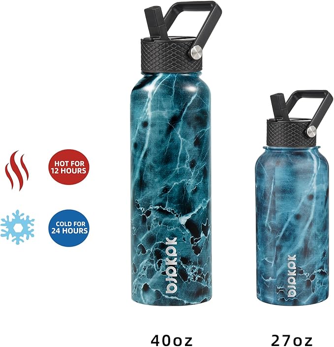 BJPKPK Insulated Water Bottles with Straw Lid, 40oz Stainless Steel Water Bottles with 3 Lids, BPA Free Leakproof Thermo, Tumblers, Cups for Sports, Gym- Ocean