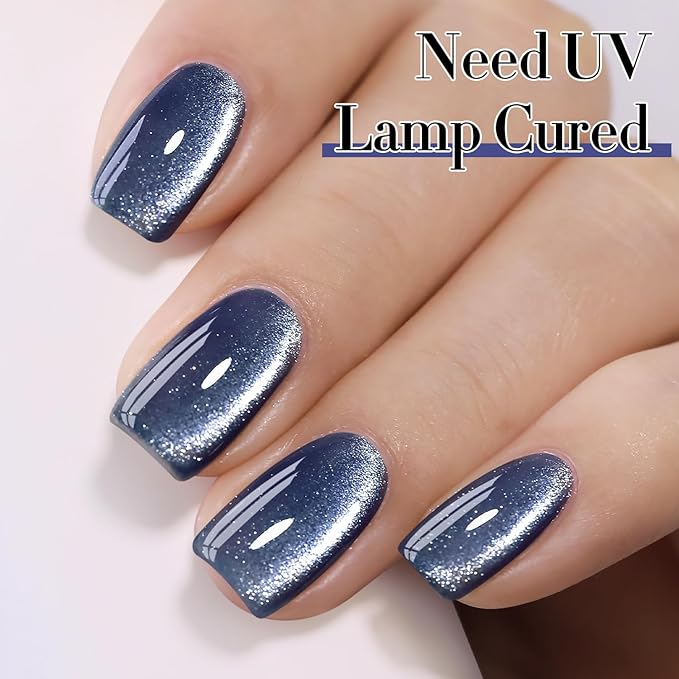 Double Rhythm 0.5 OZ Cat Eye Gel Polish with Magnet 15ML Holographic Glitter Shimmer Translucent Jelly Color Magnetic Polish Salon DIY at Home (Dark Blue-MC1044)
