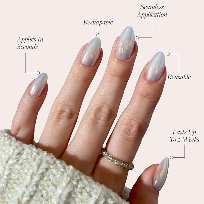 Glamnetic Press On Nails - Entranced | Short Almond White Holographic Fake Nails, Semi-Transparent, Salon Quality| 15 Sizes - 30 Nail Kit with Glue