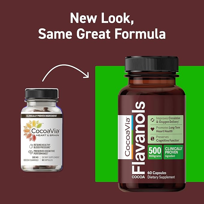 CocoaVia Heart & Brain Supplement, 30 Day, Cocoa Flavanol Extract, Memory & Circulation Booster, Nitric Oxide, Boost Oxygen & Energy, Plant Based, Gluten Free, Vegan, 60 Capsules