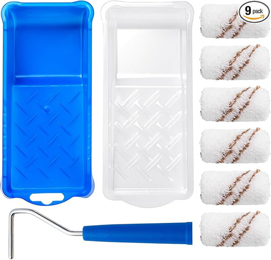 Mister Rui Paint Roller Kit, 9 Pack, 2 Inch Microfiber Paint Roller Covers, Small Paint Rollers with Tray and Roller Frame, Mini Rollers for Painting, Paint Supplies for House Painting
