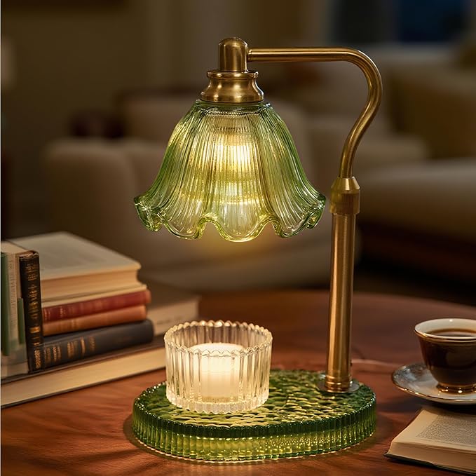 Candle Warmer Lamp with Adjustable Height - Flameless 4-Level Dimmable Wax Warmer, Timer Function & Stylish Design in Multiple Colors（Greener）