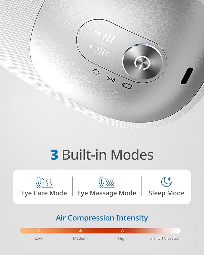 Ultra Light Eye Massager with 2 Level Heat, 120 Mins Uses, 3 Air Compression & Massage Modes, Heated Eye Mask with Bluetooth Music for Migraine Relief, Strain and Dry Eyes, Eye Relief for Women Men