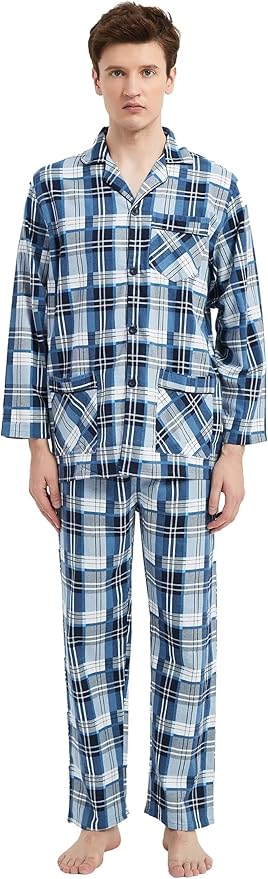 GLOBAL Men's Pajamas Sets 100% Cotton Flannel Sleepwear Long-Sleeve top & Bottom