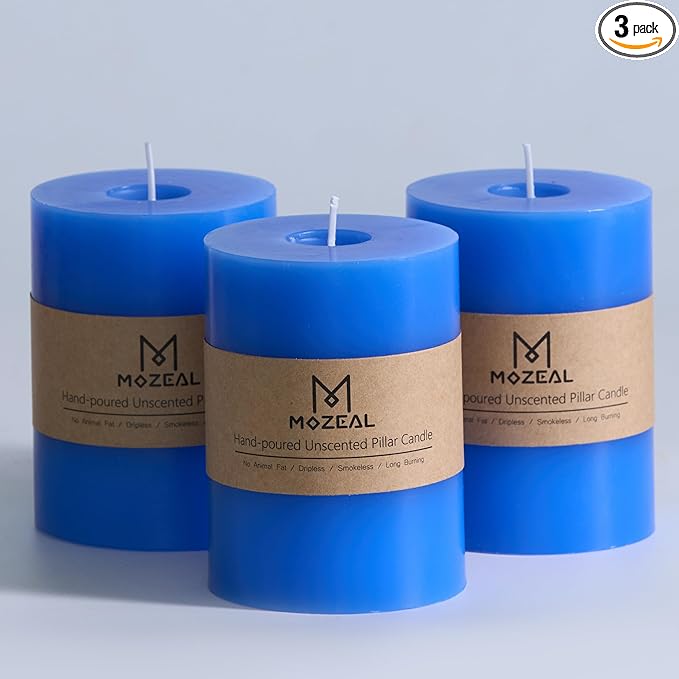 MOZEAL 3" x 4" Hand-Poured Unscented Candle,Dripless Pillar Candle Set of 3,Long Clean Burning,Approx 72 Hours Burn Time,Rustic Country Style,Wedding,Dinner,Christmas and Home Decor,Blue